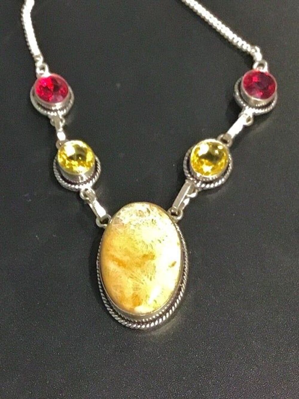 Earthy Organic Fossil Coral with Citrine and some Red Stone in 925 stamped